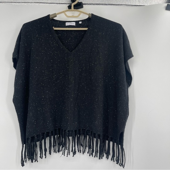 525 America Black Marled Cashmere Poncho Sweater with Fringe - Picture 12 of 12